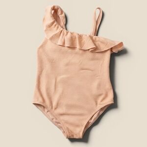 F&F Girls Peach Textured Ruffle One Piece Swimsuit Size 5-6Y‎ Recycled Fabric